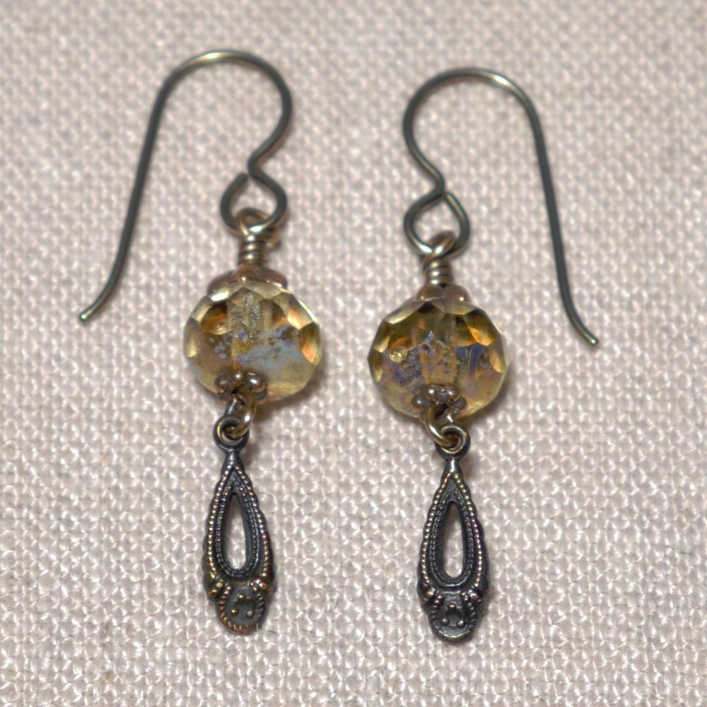 Hand Crafted Handmade Earrings Amber Czech Glass & Brass Petite Dangle E…